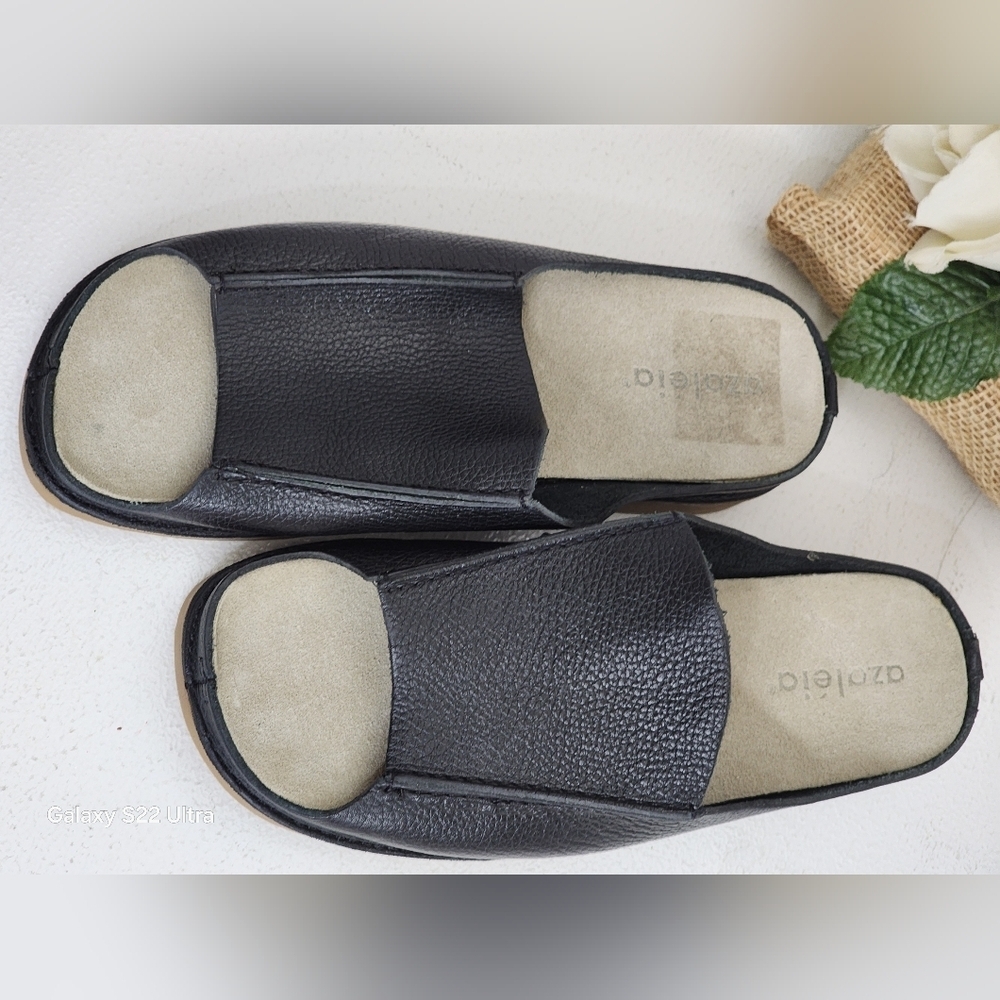 Black Leather Women's Slide Sandals - Picture 2 of 6